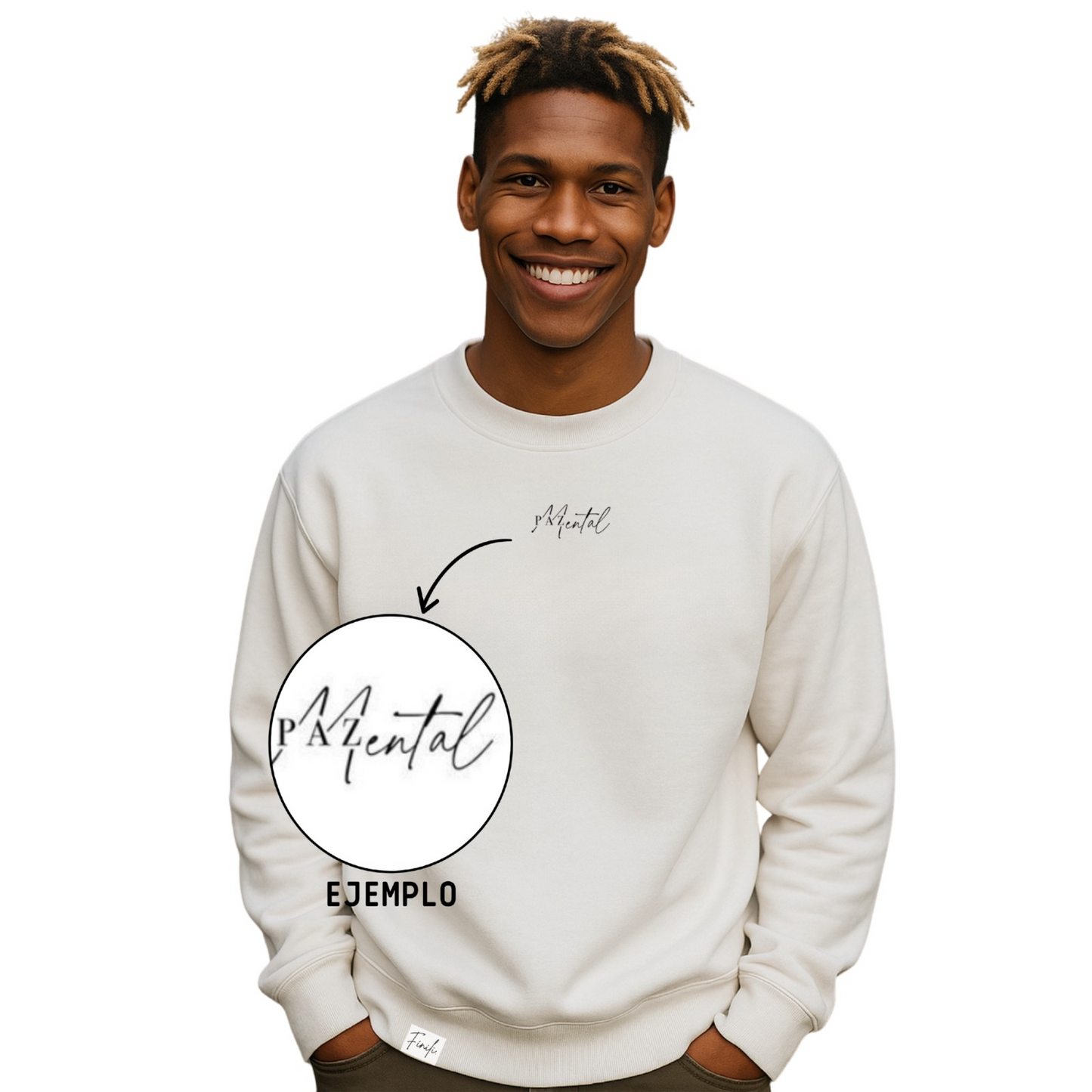 Ejemplo de diseño personalizado en polerón blanco de cuello